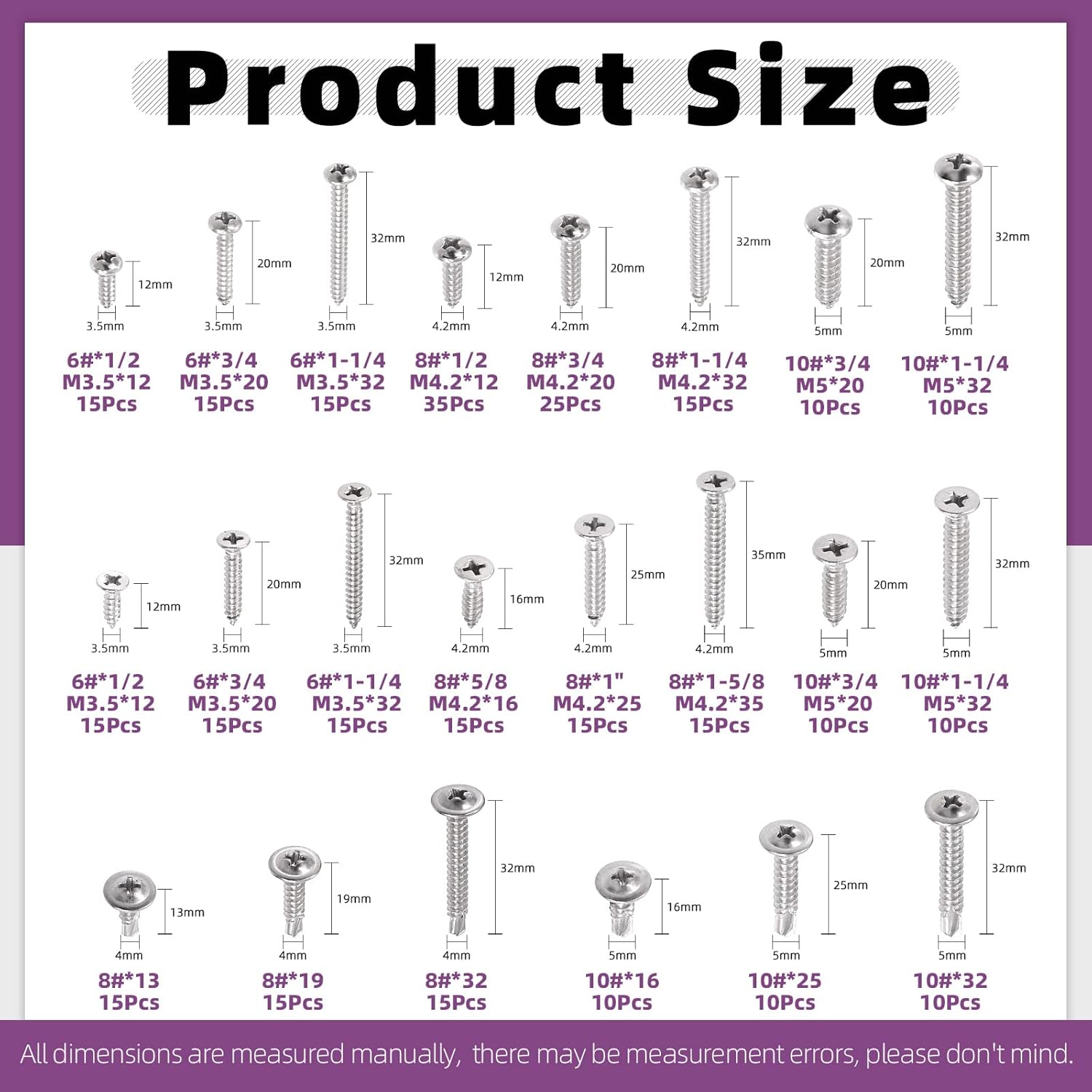 Swpeet 325Pcs 3 Types #6#8#10 SAE 304 Stainless Steel Round Pan Head and Phillips Flat Head Self Tapping Sheet Metal Screws Wood Screws with 410 Stainless Steel Truss Head Fast Self Tapping Screws