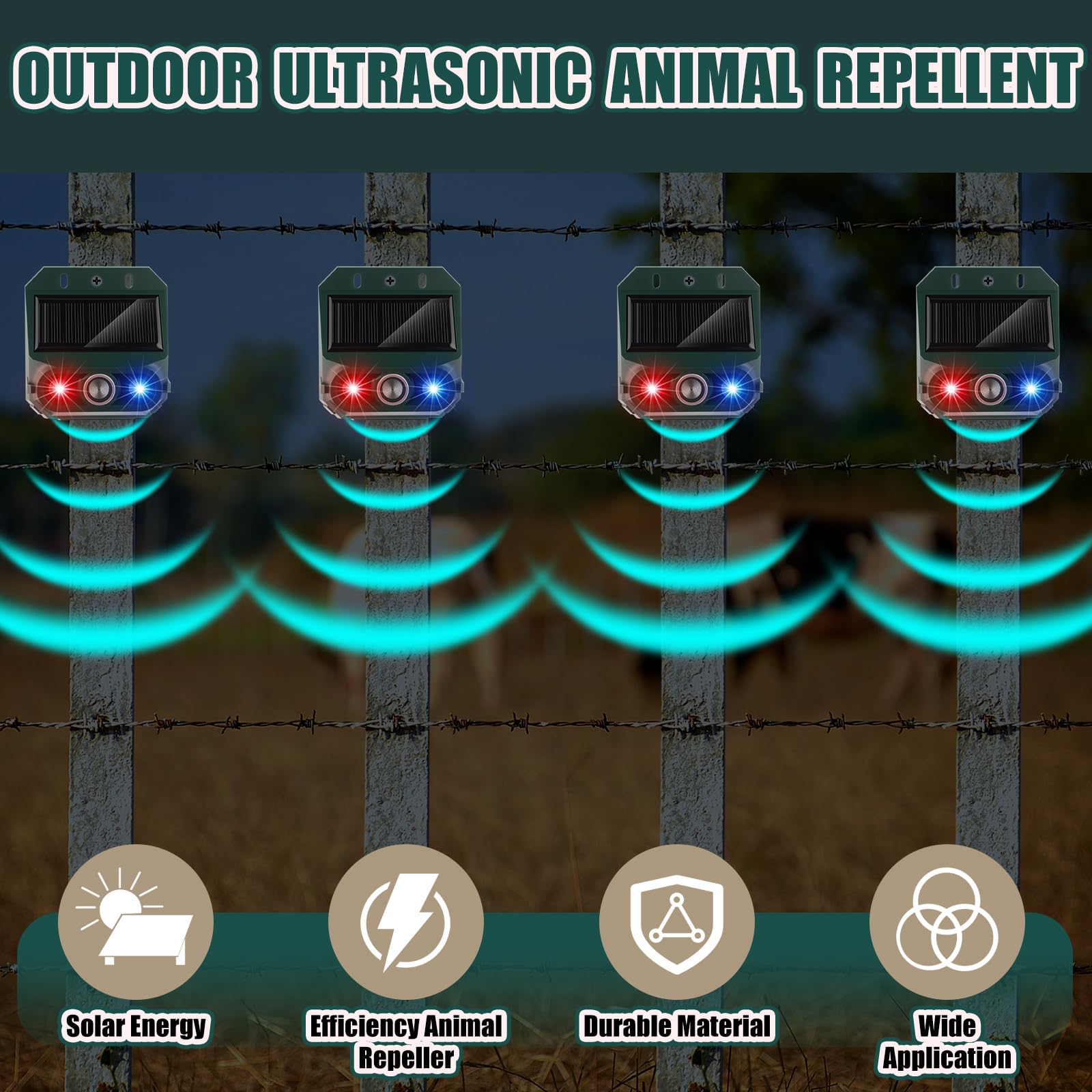 Qualirey Paquete de 4 repelentes solares ultrasónicos para exteriores, luces de depredador de animales, disuasorio, sensor de luz de movimiento, alarma, eficaz repelente de animales nocturnos para