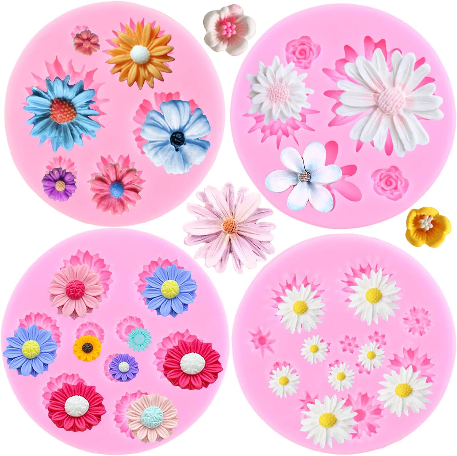 MIYAHOUSE Daisy Flower Fondant Molds Chrysanthemum Silicone Molds Small Flower Fondant Cake Chocolate Molds For Cake Decoration Cupcake Topper Candy Polymer Clay Gum Paste Set Of 4