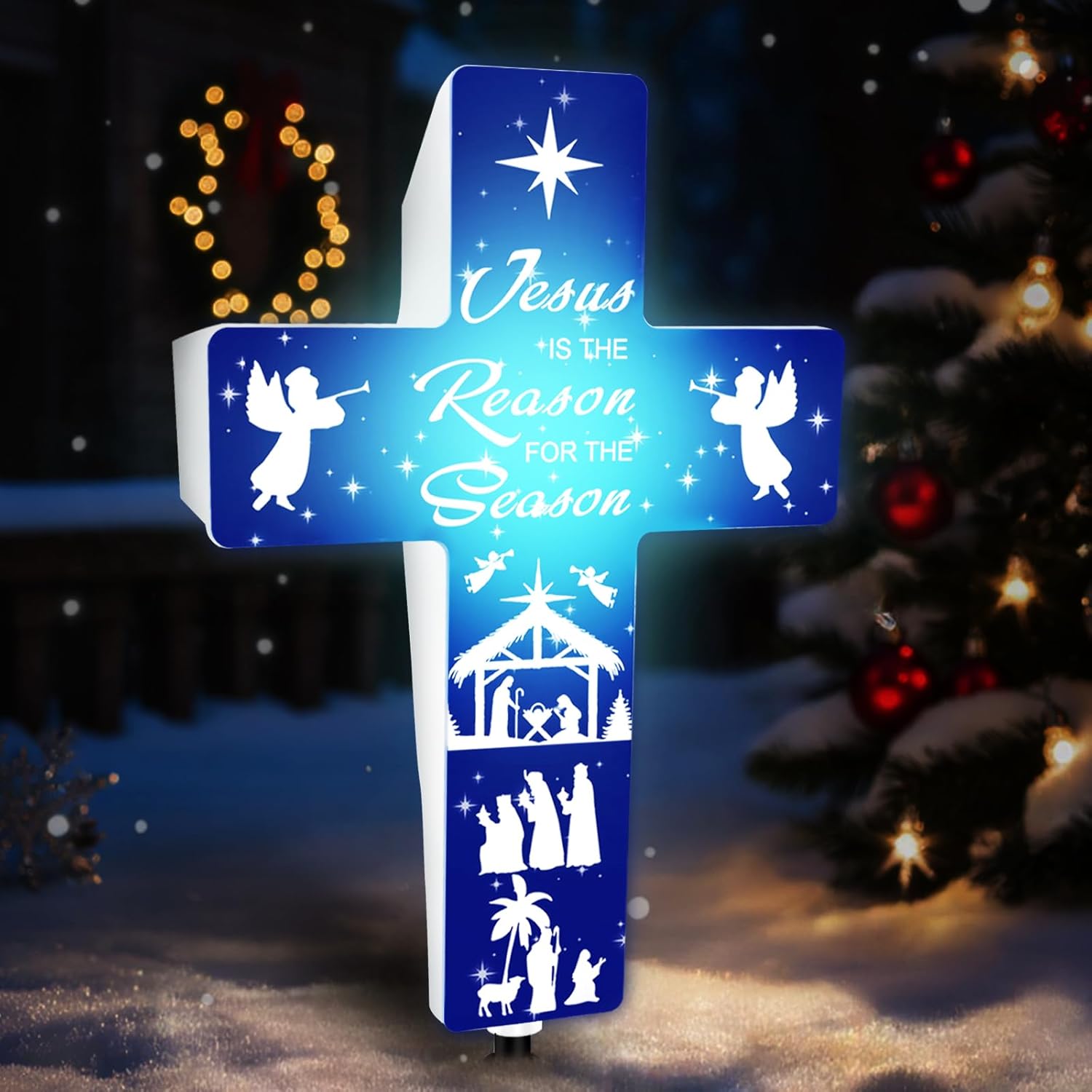 Jesus is The Reason for The Season Solar Stake, Cross Shaped Nativity Scene Outdoor Decor Holy Night Lighted Religious Yard Decoration, LED Solar-Powered Christmas Outside Yard Garden Stake