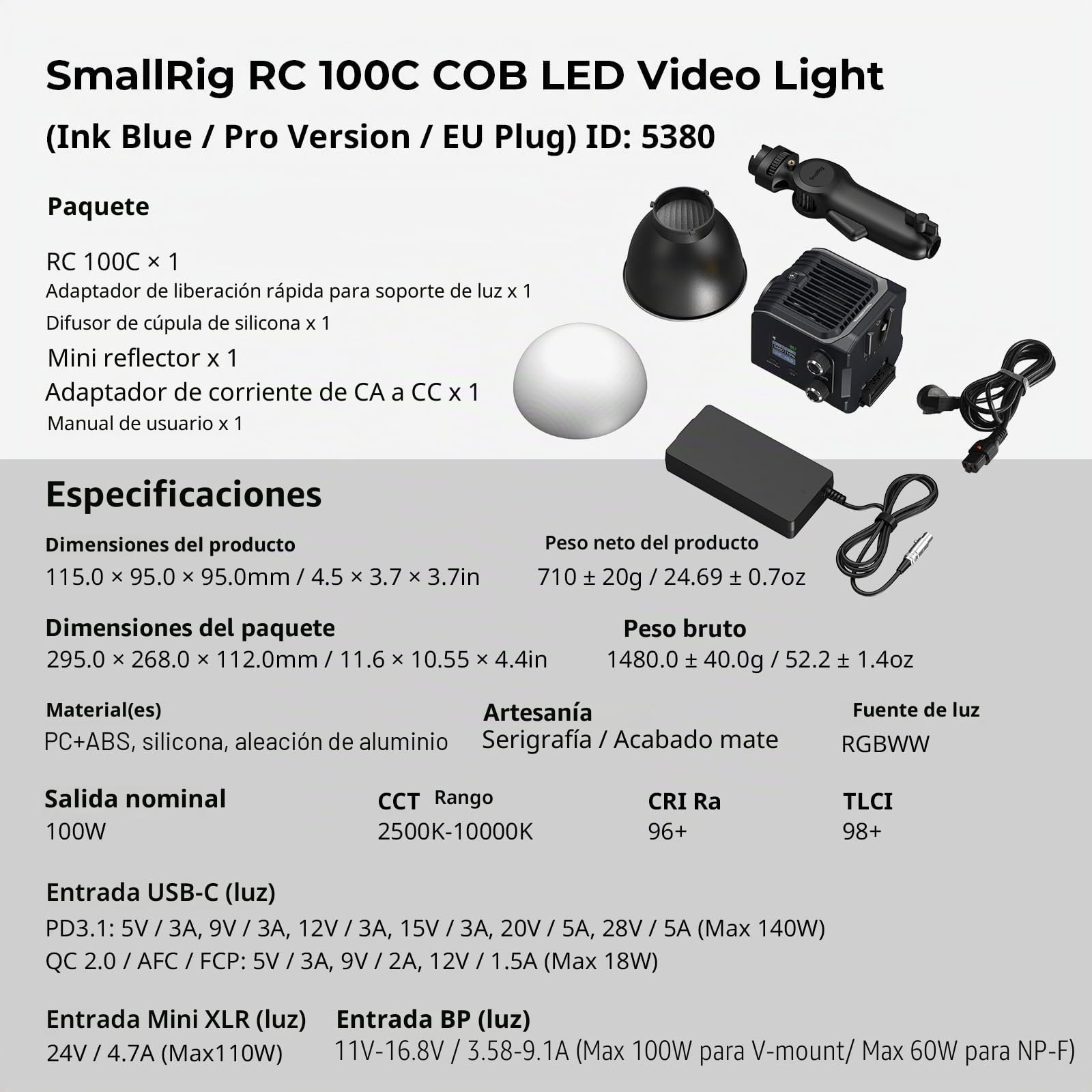 SMALLRIG RC 100C RGBWW LED Video Light, con App Control, 100W Mini COB Iluminación de Salida Continua, Foco de Mano 2700-10000K/CRI 96+/TLCI 98+/12 Efectos, 11000Lux/1m, Versión Pro Azul Tinta, 5380