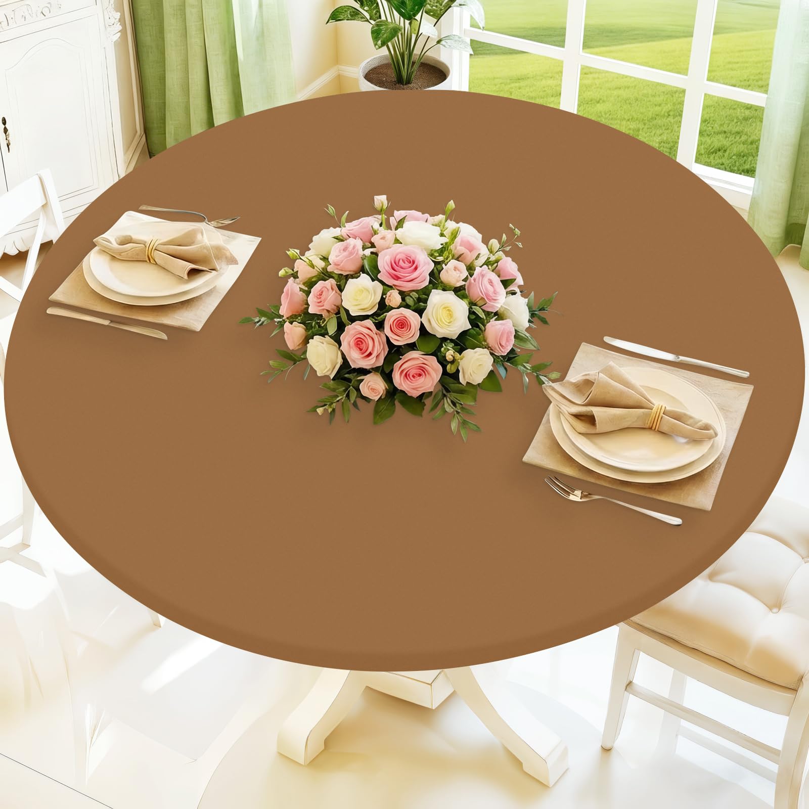 Moosfor Round Spandex Tablecloth, Elastic Fitted Waterproof Tablecloths for 45"-56" Tables, Stretch Washable Picnic Table Cover for Camping, Dining, Indoor and Outdoor,Brown — image 1