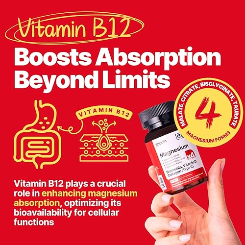 Miniatura 5 de Complejo de magnesio 4X 200 mg + glicinato de magnesio + citrato + B12 alta absorción + taurato + malato + bromelina + colágeno (tipo II) + ácido