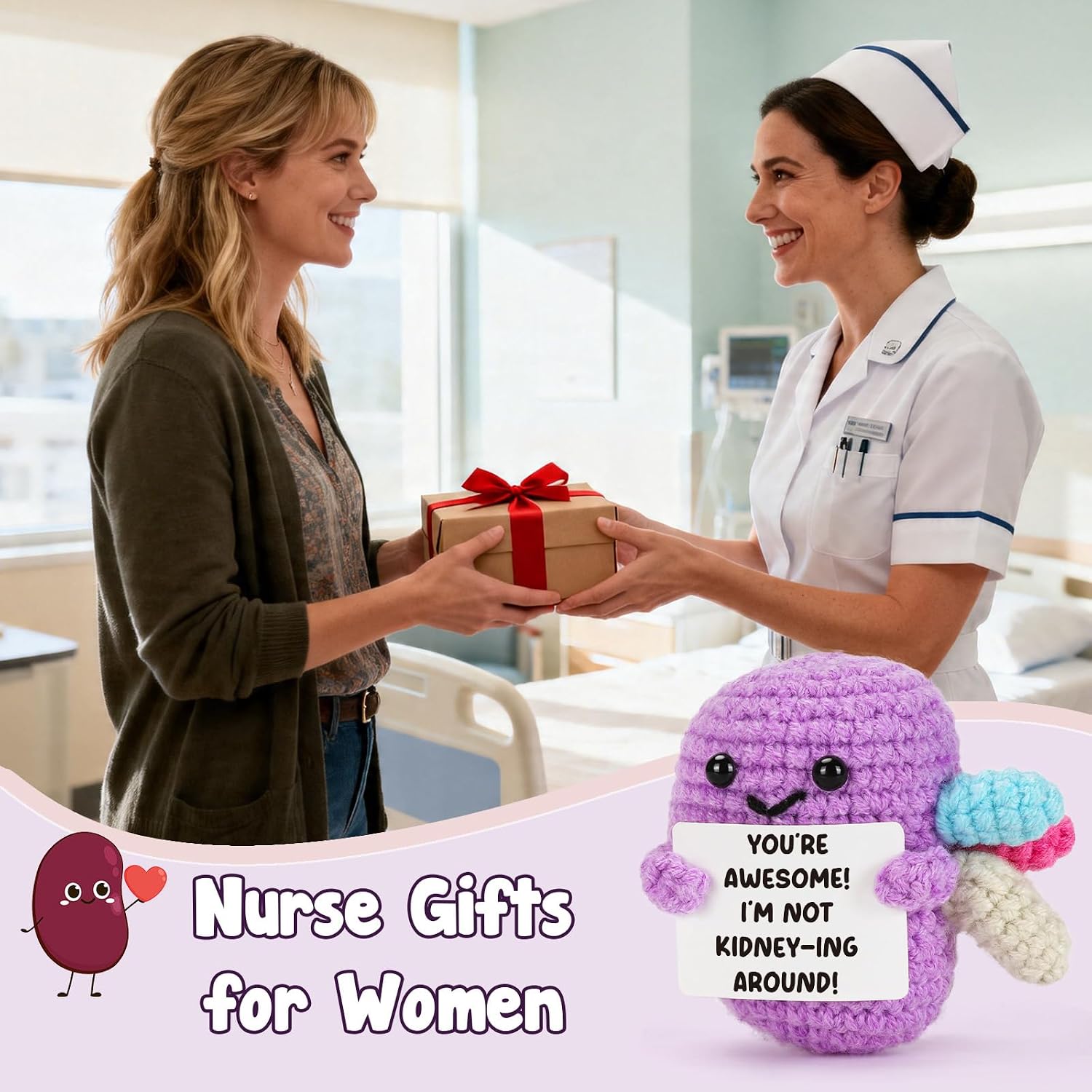 Nurse Gifts for Women, Handmade Crochet Kidney Plush with Funny “You’re Awesome” Sign, Birthday Appreciation Gift for Friend Bestie Coworker, for Nurse Mom