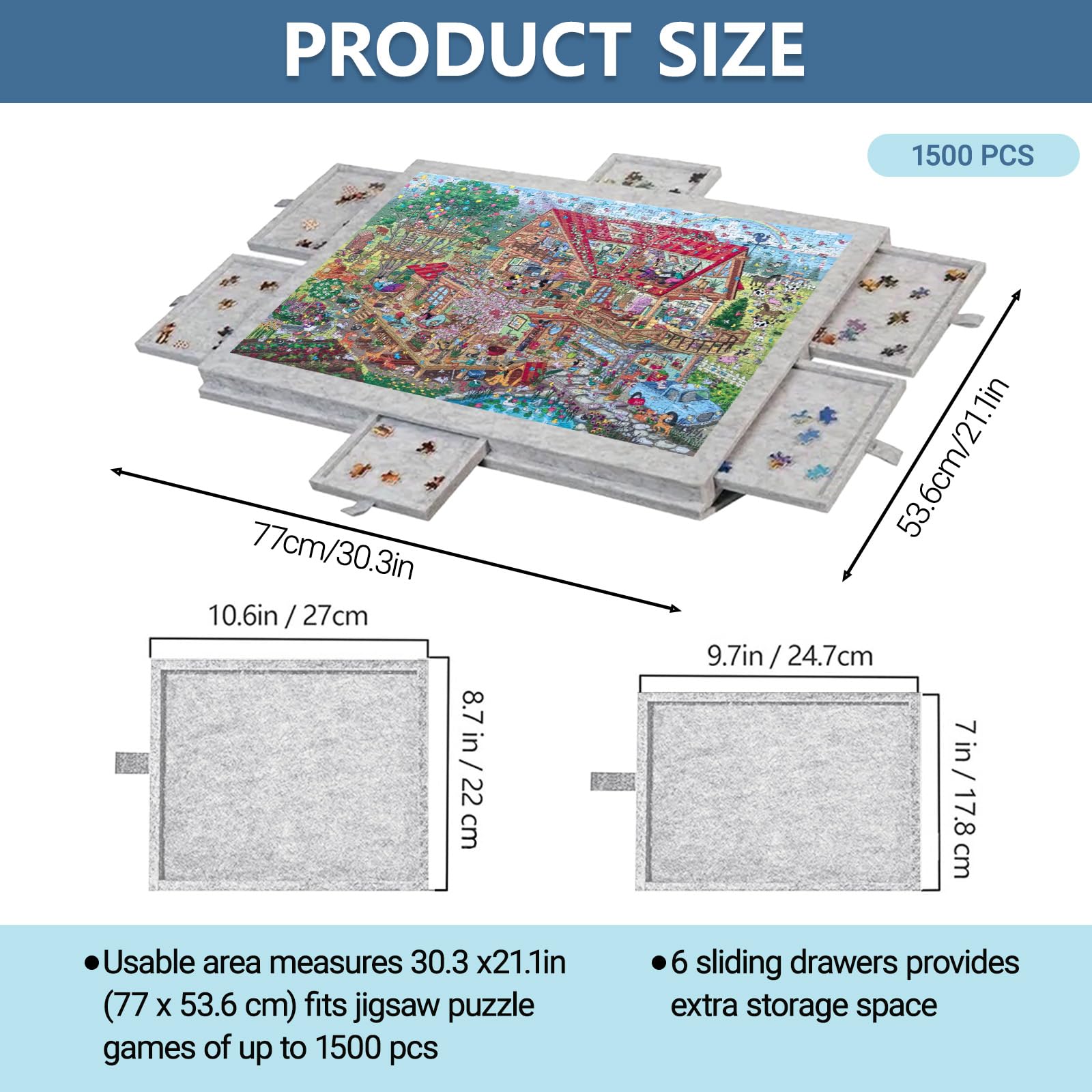 Deska do puzzli z 6 szufladami, nachylony stół puzzli | 1500 elementów filcowych puzzli, deska do puzzli ze stojakiem 2 w 1 i pokrywą, lekka i przenośna dla dorosłych i dzieci