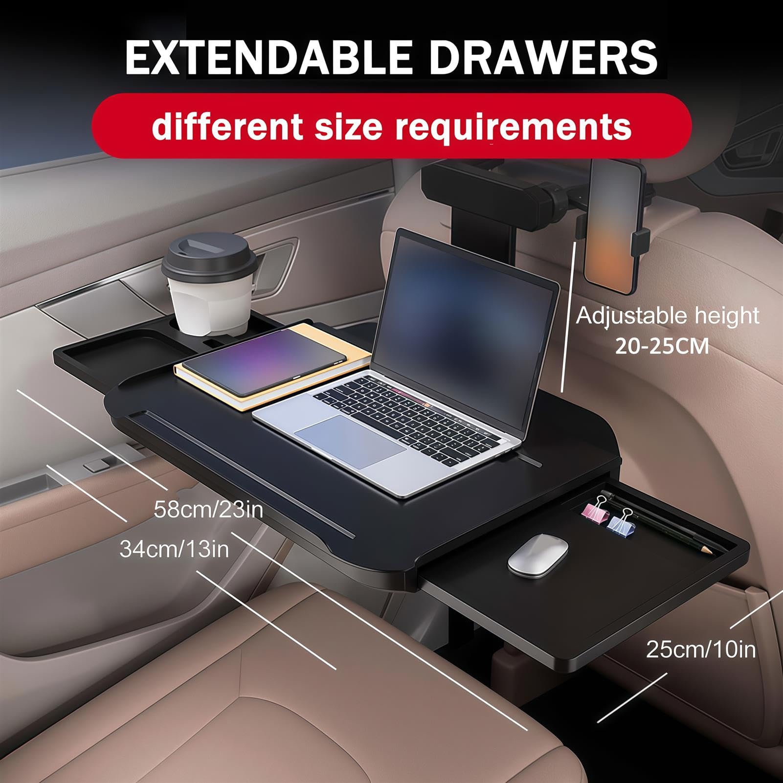 Tavolino portatile per sedile auto, multifunzione, in lega di alluminio, per mangiare, viaggiare, lavorare, scrivere