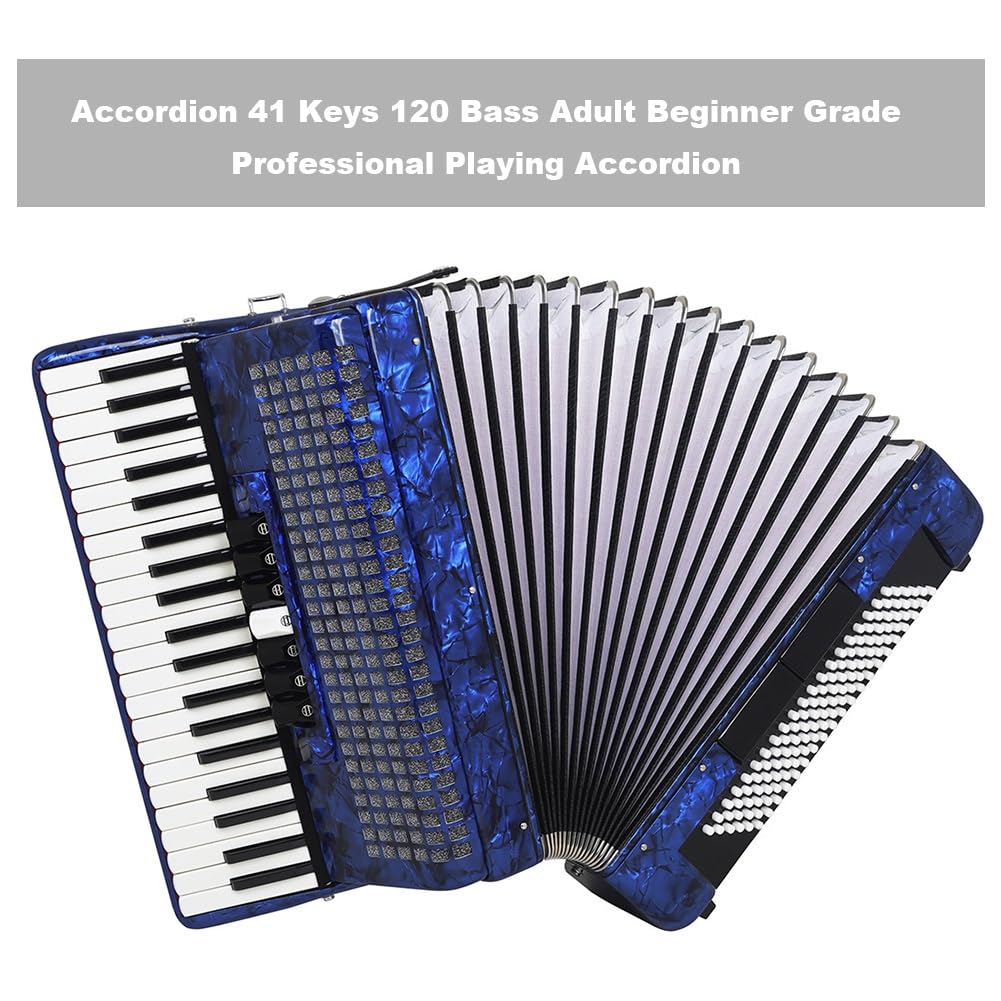 Professionelles Akkordeon, 41 Tasten, 120 Bässe, Tasteninstrumente, Akkordeon mit Riemen, Akkordeontasche für Erwachsene, Anfängerprüfung, professionelles Spielen (Color : Blue)