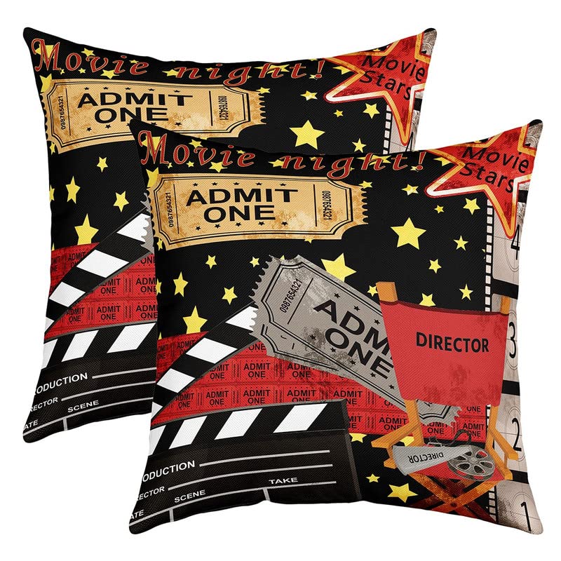 Movie Night Reversible Throw Pillow Covers Cinema Poster Star Print Square Cushion Covers Set of 2 for Kids Popcorn Pillow Covers Home Decor Old Fashion Home Decor Director Film 20 x 20-Inch