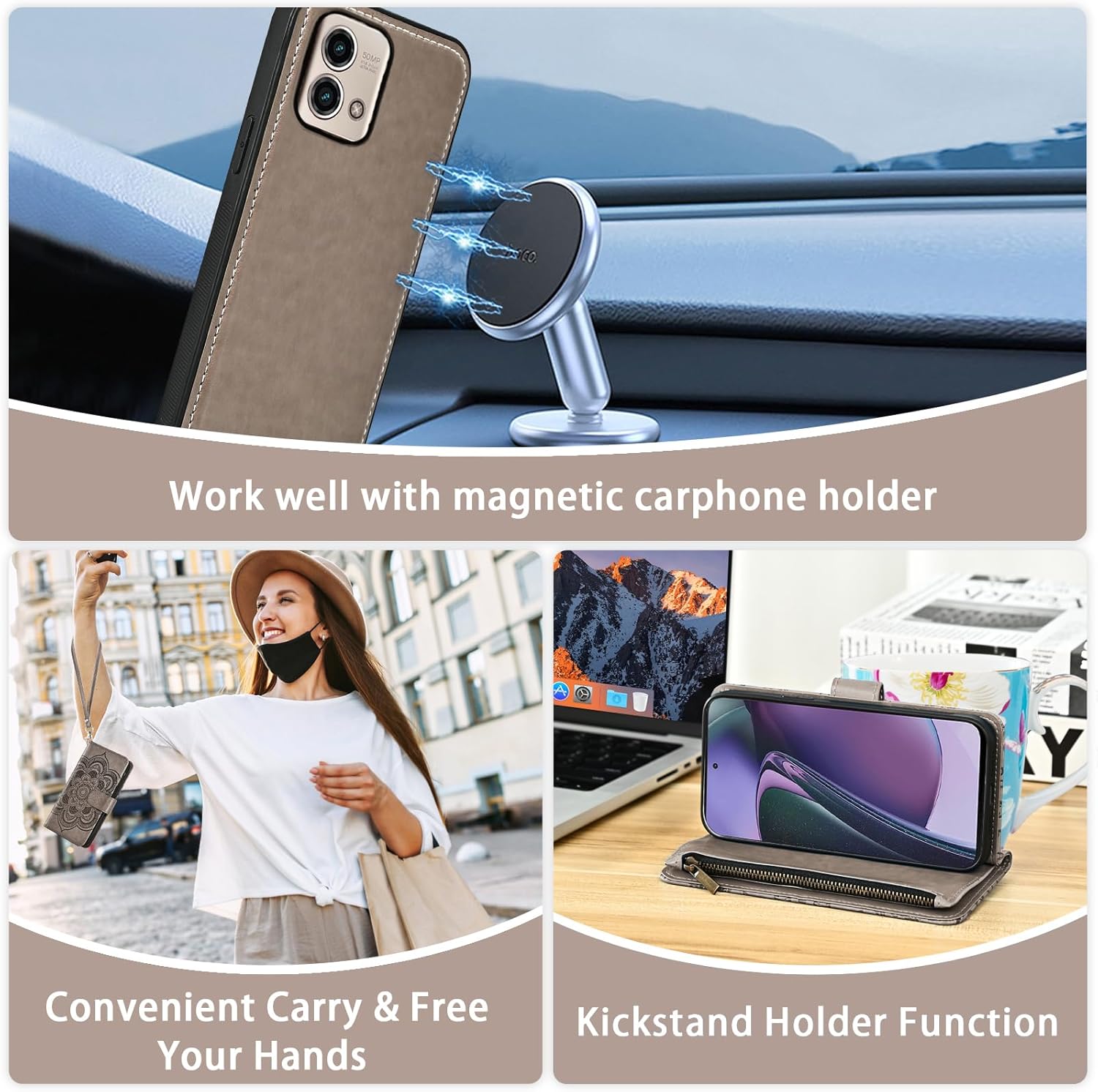 Asuwish Phone Case for Motorola Moto G Stylus 5G 2023 Zipper Wallet Detachable Cell Cover with Tempered Glass Screen Protector Crossbody Strap Flower Card Holder GStylus G5 XT2317DL Women Girls Gray