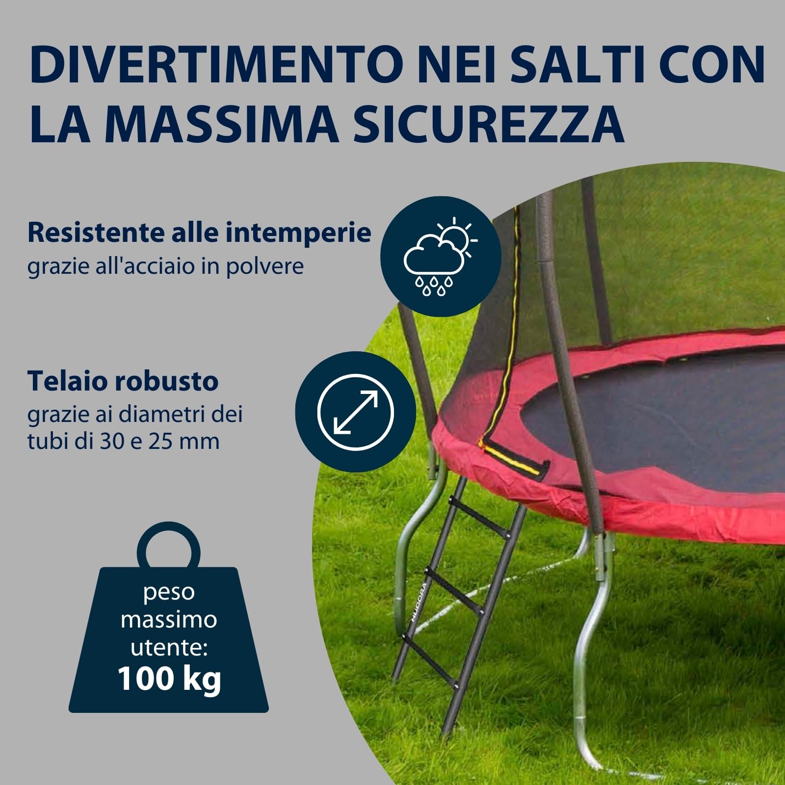 HUDORA Scaletta per trampolino - scaletta regolabile per tappeto elastico con 2-3 pioli - scala di sicurezza stabile in acciaio verniciato a polvere per trampolini outdoor - per più altezze