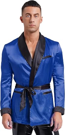 Linjinx Mens Satin Smoking Jacket Robe Lapel Long Sleeve Kimono Bathrobe with Belt Nightwear