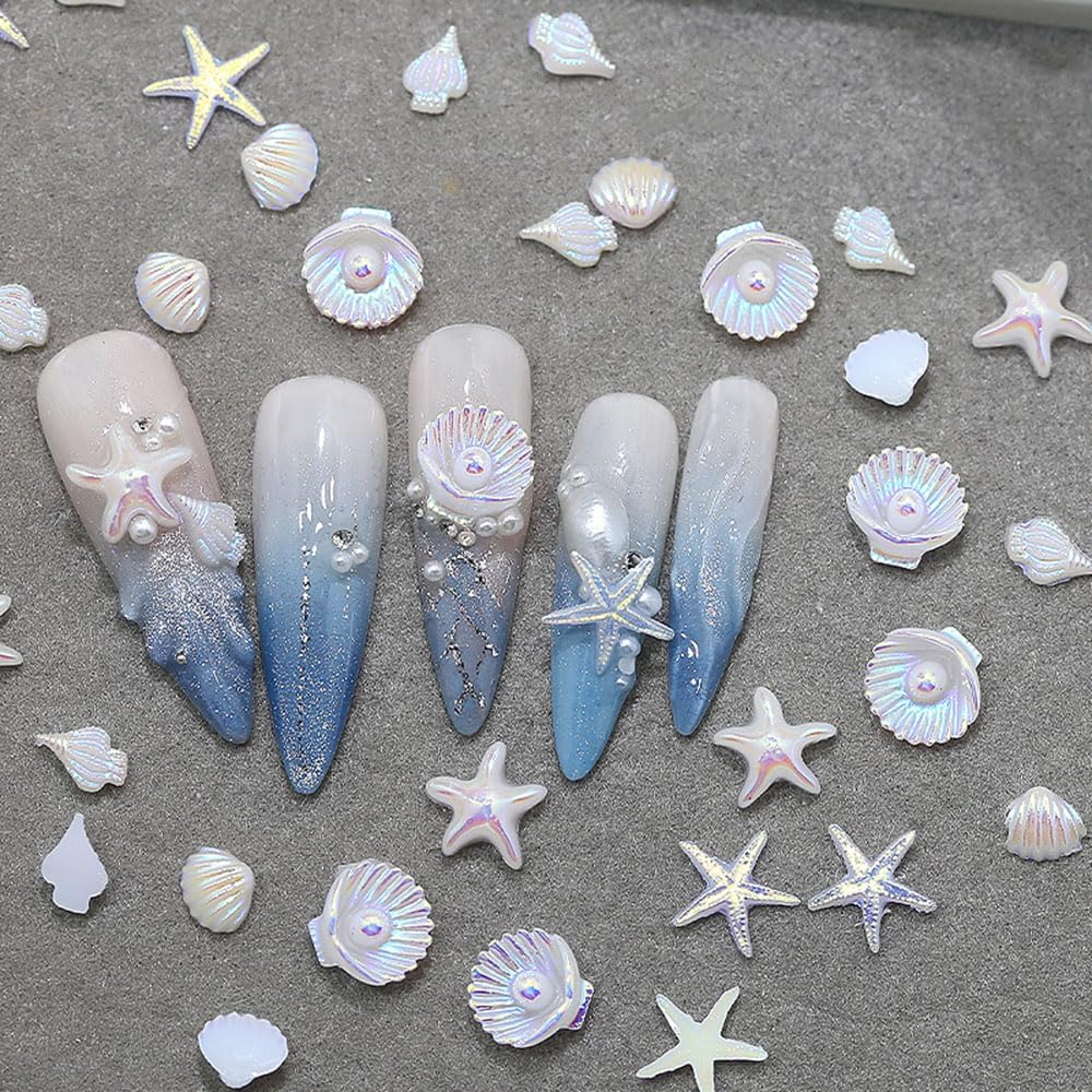 3D Beach Nail Charms Set 2 Boxes Aurora White Blue Starfish Shell Conch Coconut Tree Fishtail Pearl Nail Rhinestones Decorations Summer Sea Ocean Palm Tree Seashell Charms For Nails Design Accessories