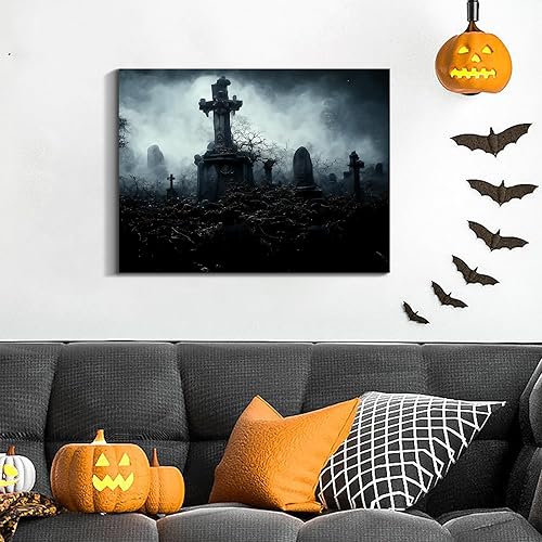 Miniatura 76 de Denozer Lienzo decorativo para pared de Halloween, castillo de terror de 32 x 24 pulgadas, decoración de pared de luna, decoración de otoño de Obra