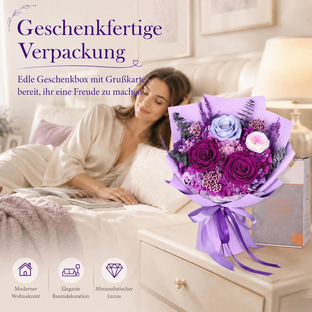 Ewiger Blumenstrauß Dunkellila, konservierte Rosen, für Frauen Mama | Echte konservierte Rosen,jahrelang haltbar; mit Geschenkbox; zum Muttertag, Geburtstag, Jahrestag für Mama, Oma, Ehefrau