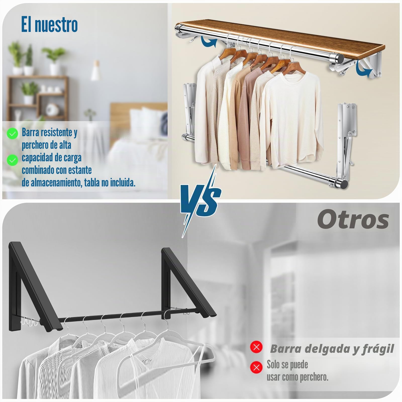 TBMLC Perchero plegable montado en la pared, barra de 76 cm de largo y 2 bases gruesas, acero inoxidable, multiusos para ahorrar espacio, tendedero de ropa, perchero desmontable y superior reservado