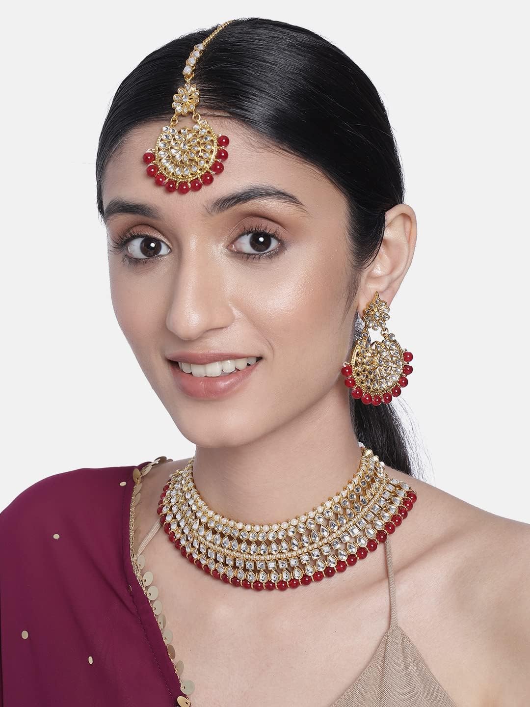 Aheli Indian Traditional Bollywood Kundan Maang Tikka Earrings Necklace Set Ethnic Bharatanatyam jewellery set for Women