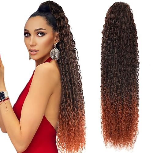 Miniatura 8 de Extensión de cola de caballo larga y rizada con cordón, extensiones de cola de caballo sintética de 30 pulgadas con clip para mujeres negras (MTT427)