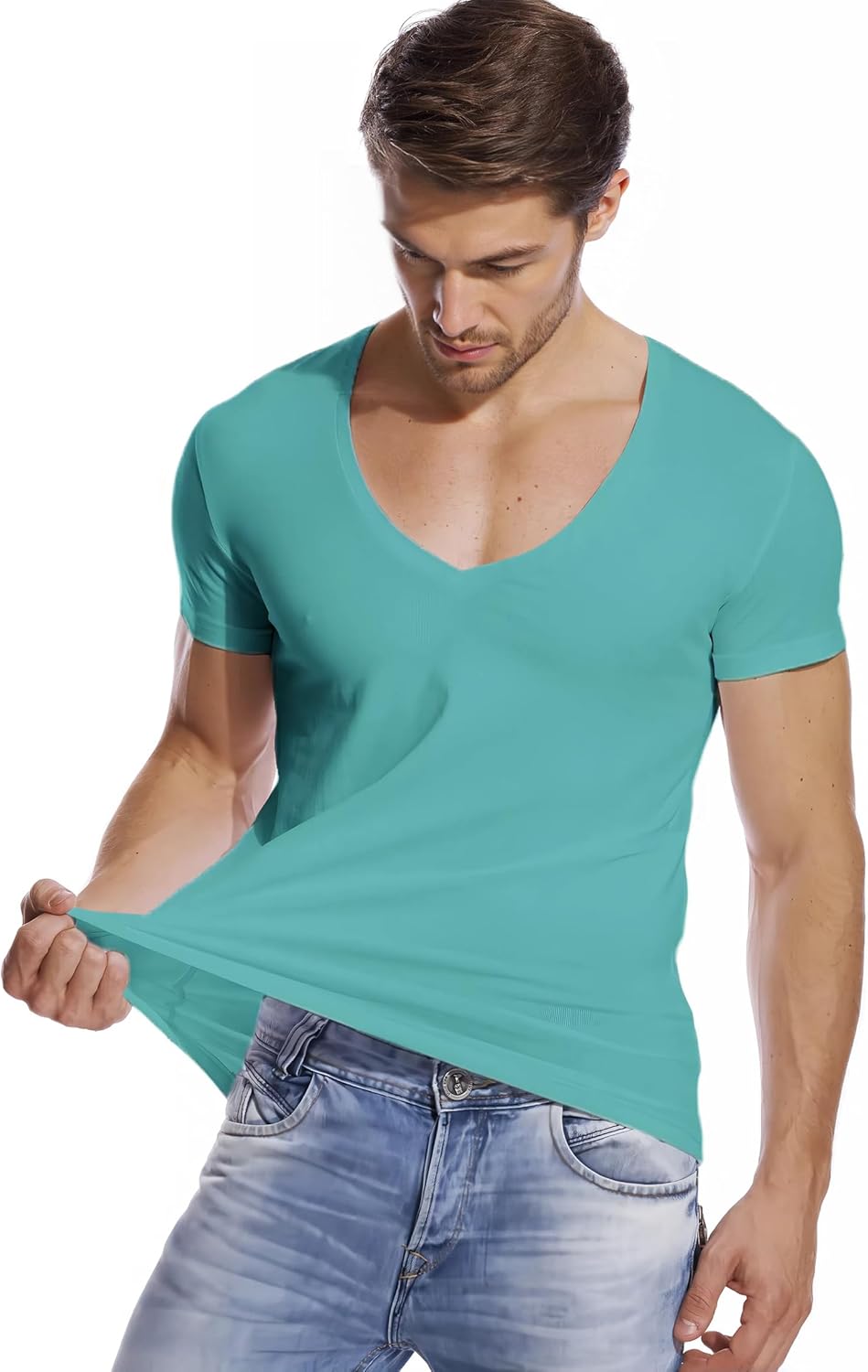 Mens Deep V Neck T-Shirts Vneck Tshirt Low Cut Undershirts Slim Fit Short Sleeve Tees - Image 2