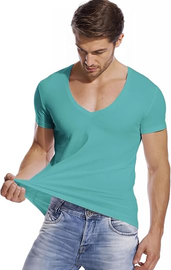 Mens Deep V Neck T-Shirts Vneck Tshirt Low Cut Undershirts Slim Fit Short Sleeve Tees