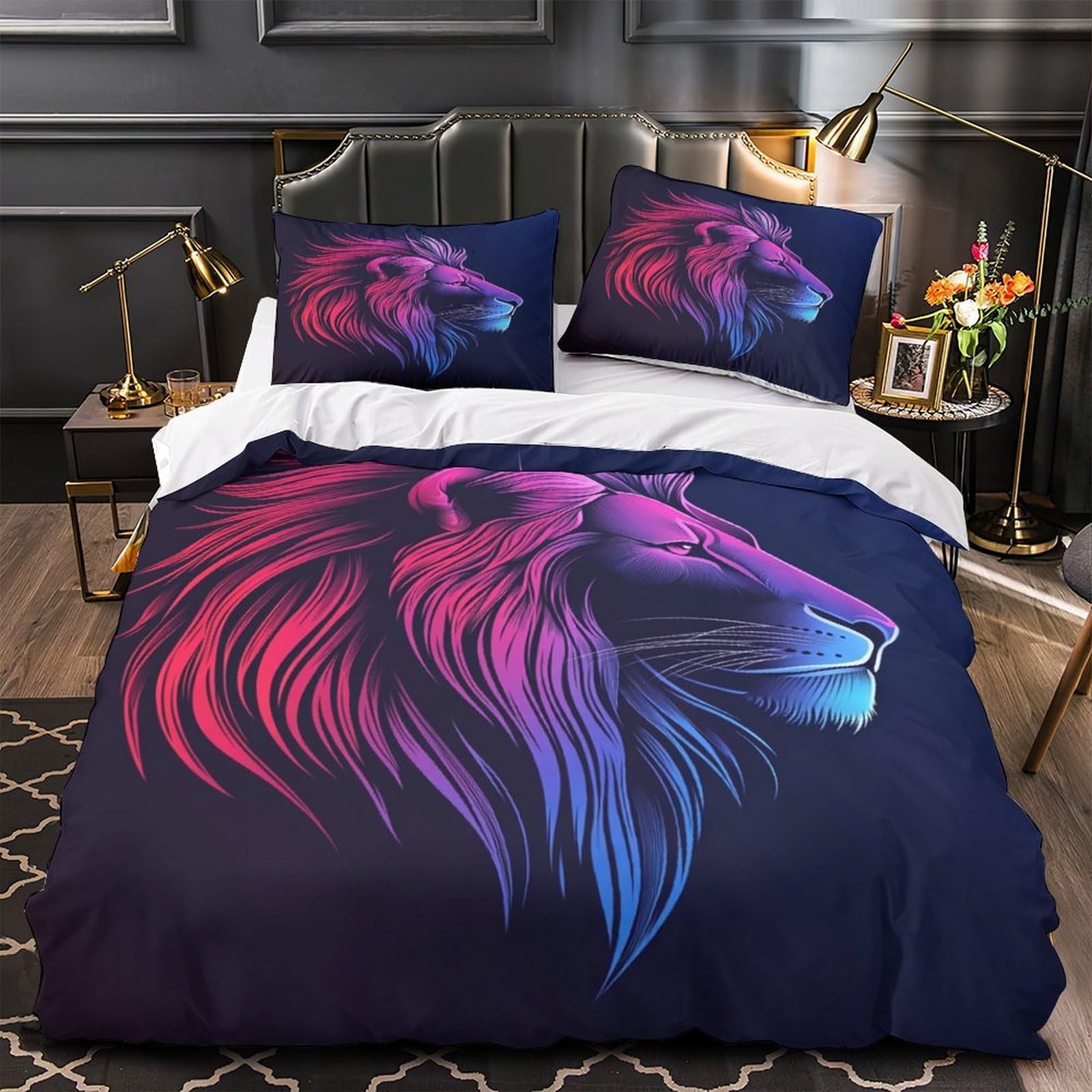 Drap de couette lion néon pour décoration de lit King en microfibre
