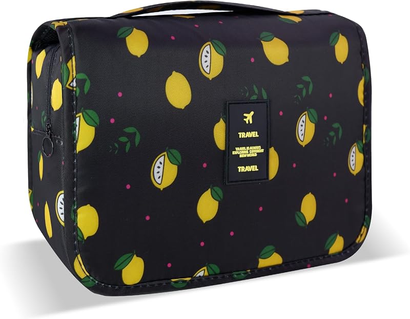 Necessaire suspensa de viagem Pmiuccd com gancho, compartimentos e zíper, Black Lemon, 1 unidade