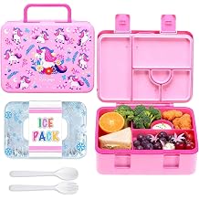 rockpapa Chill Bento Box for Kids- Large 5.5 Cups Lunch Box with Ice Pack - 5 Compartments, BPA-Free, Leak Proof, with Utensils & Portable Handle, Microwave/Dishwasher Safe Pink Unicorn