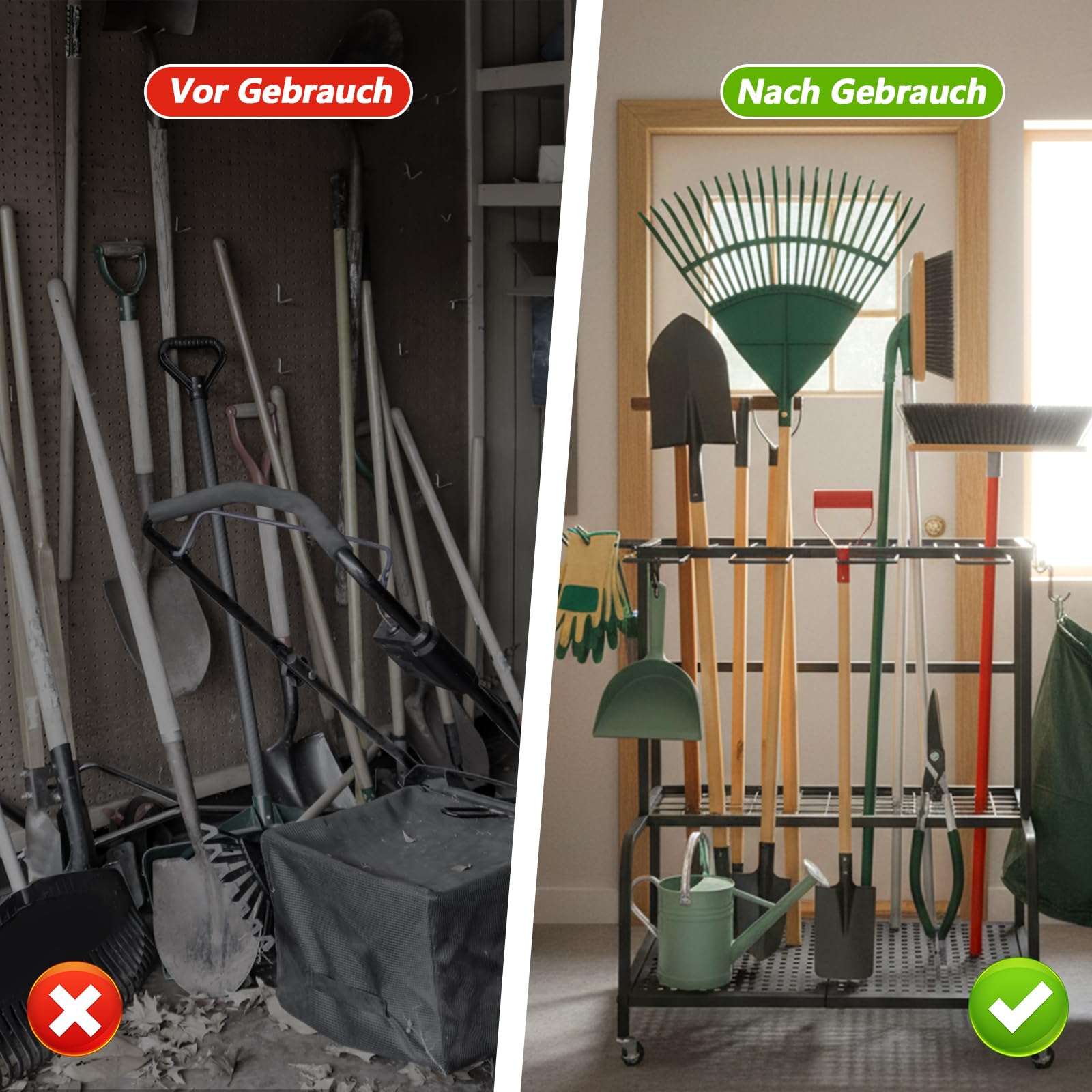Gartengeräte Ständer 61X41X66cm Gerätehalter Organizer mit 78 Ablagefächern, Gartengeräteaufbewahrungsregal mit 11 Haken und 360° Schwenkbaren Rädern, Metall Gartenwerkzeug Halter Schwarz