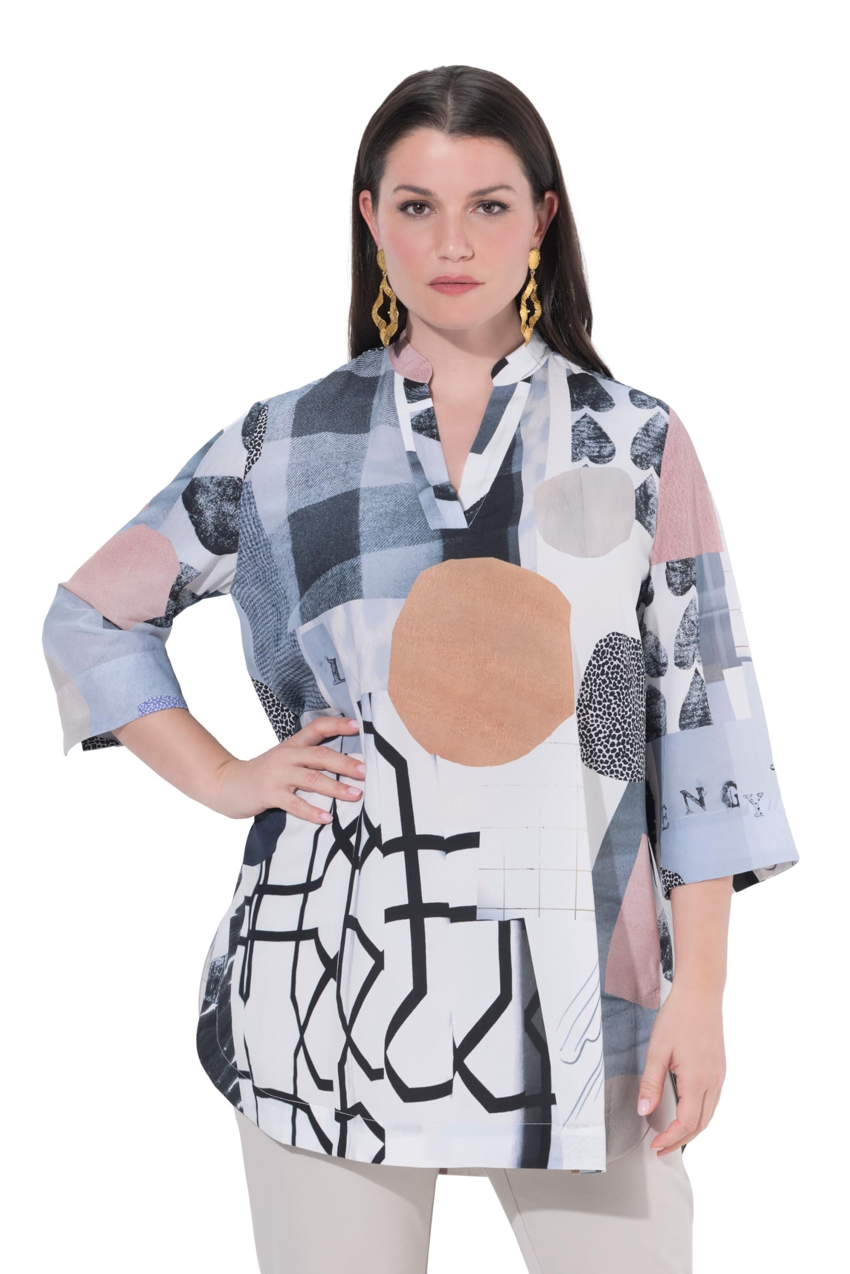 Ulla Popken Damen große Größen Übergrößen Plus Size Lyocell-Tunika, Herzen, Tunika-Ausschnitt, 3/4-Arm 845030