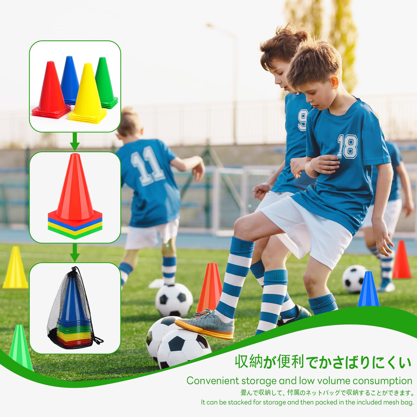 BiAnYC 4色/16本セット18cm マーカーコーン,カラーコーン ミニ,ミニコーン,サッカー コーン,三角コーン ミニ,サッカー 野球 テニス フットサル 練習コーン,ボールスポーツ 団体競技や部活 陸上競技 運動会 スポーツコーン, 収納ポーチ付き