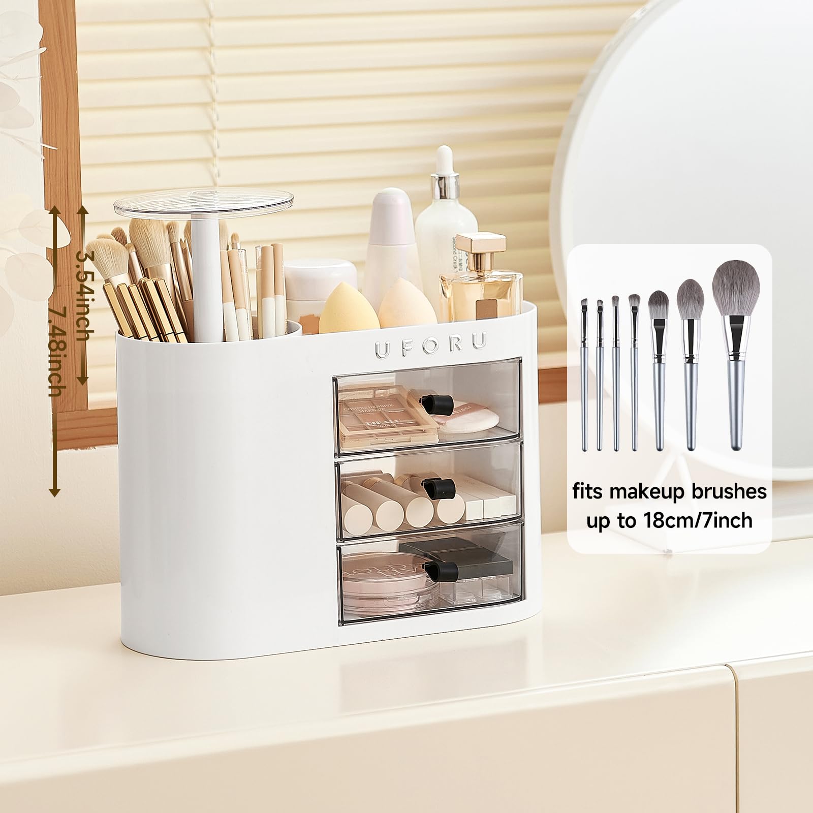 UFORU Organiseur de maquillage pour coiffeuse, comptoir avec porte-pinceaux, blanc
