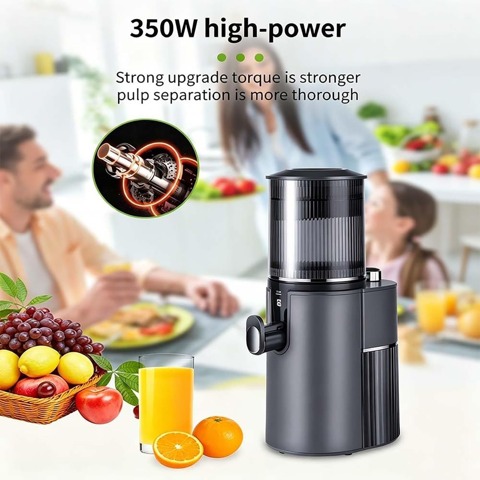 Máquina Eléctrica de Zumo de Naranja, Exprimidor Masticador de 350W | 45 Rpm, Baja Velocidad, Alto Rendimiento de Jugo, Canal de Alimentación Ancho, Función Inversa(black)