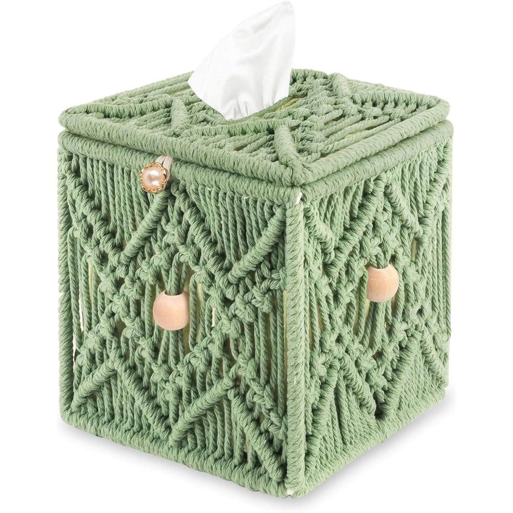 Hndhbfgrt Boho Macrame Square Tissue Box Cover Handmade Cotton Rope Woven Decorative Tissue Holder Napkin Paper Organizer