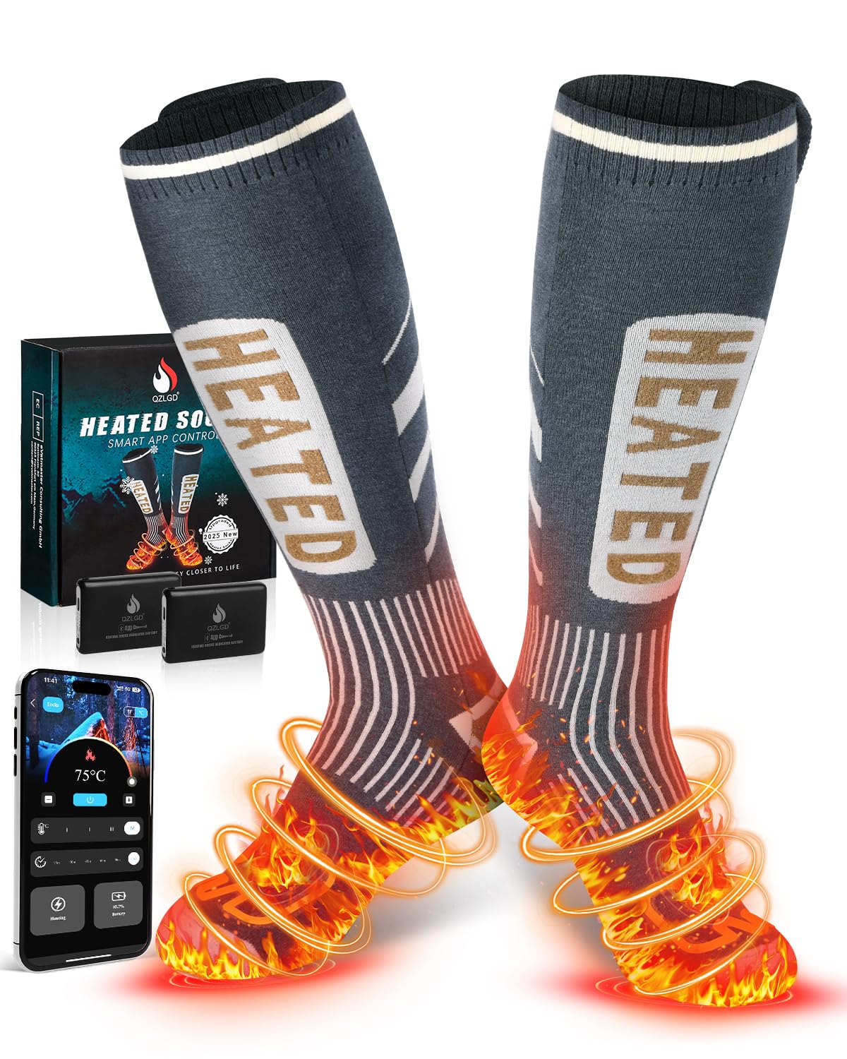 Beheizbare Socken Damen Herren, 5 V 6000 mAh APP-Steuerung Heizsocken, 2025 neues Upgrade +30% Heizfläche, geeignet zum Skifahren, Outdoor, Camping, Wandern und Motorradfahren