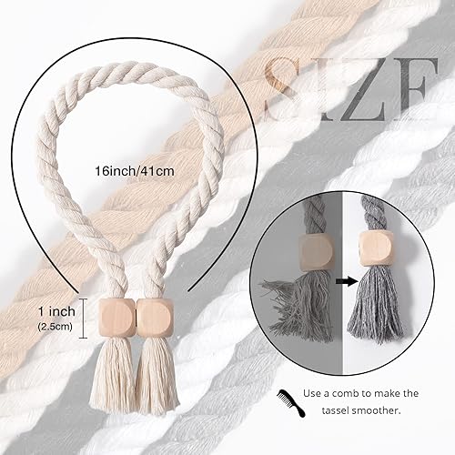 Miniatura 4 de NICEEC Paquete de 2 alzapaños magnéticos de madera en forma de cubo de madera, decoración del hogar, lazos de algodón natural tejido a mano para