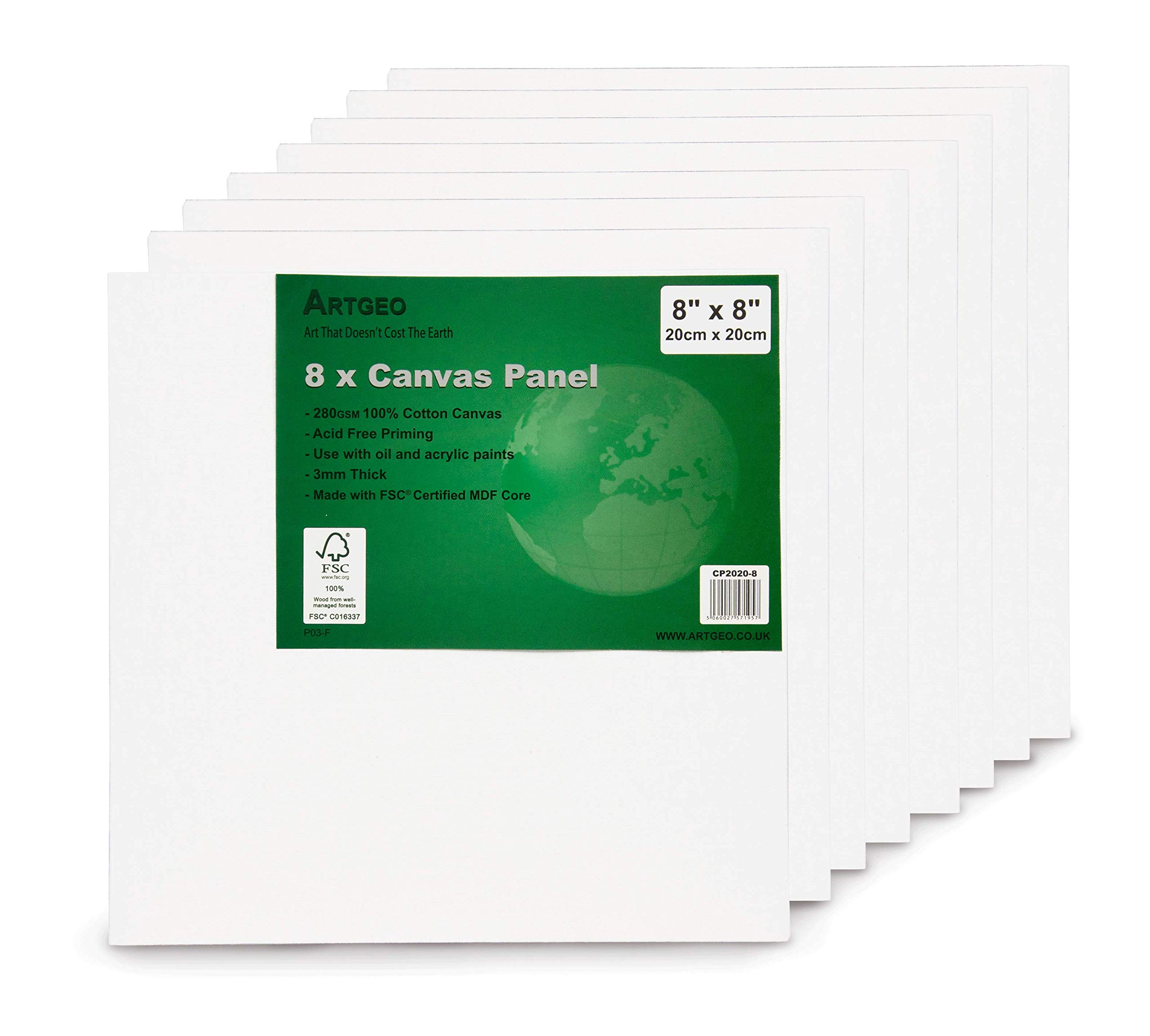 Artgeo 3mm FSC Canvas Panel 20 x 20cm, Pack of 8