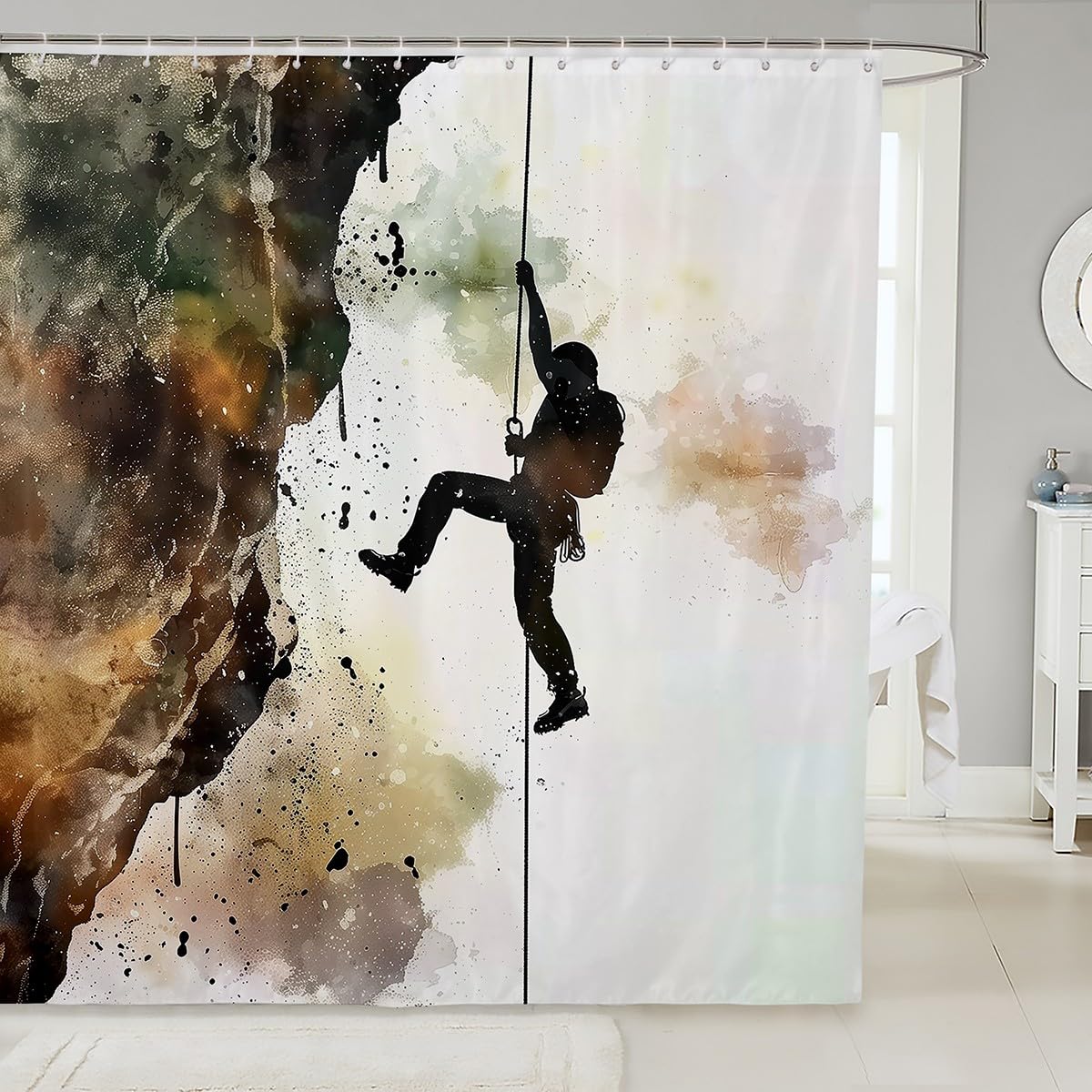 Rock Climber Shower Curtain for Men Women, Watercolor Mountain Climbing Fabric Shower Curtain for Adults, Rock Climbing Bouldering Bathroom Curtains,