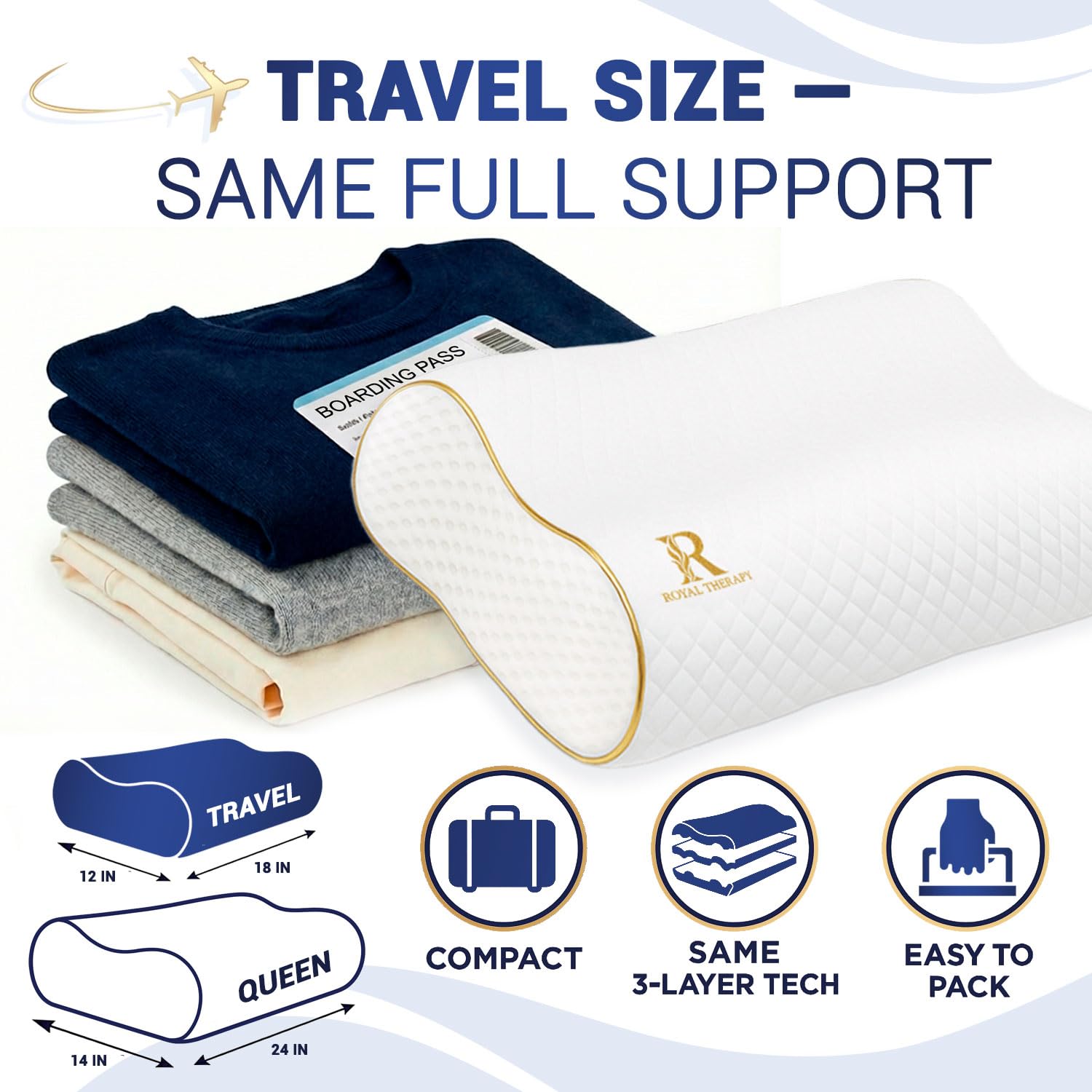 Royal Therapy Almohada de espuma viscoelástica de viaje, almohada de cuello de bambú ajustable para dormir de lado (viaje 18 x 12 x 5)
