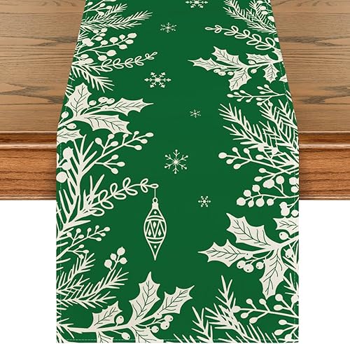 Artoid Mode Camino de mesa de Navidad con ramas de pino y hojas de acebo verde, decoración de mesa de comedor de invierno para decoración de fiesta
