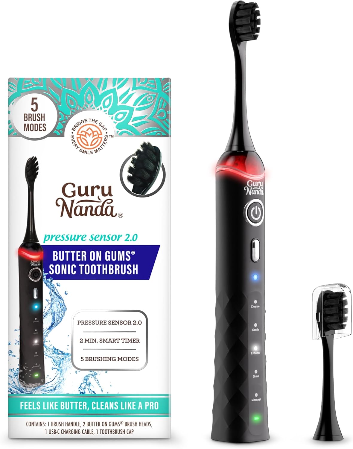 GuruNanda Sonic 2.0 Electric Toothbrush: Smart Pressure, 5 Modes, Waterproof