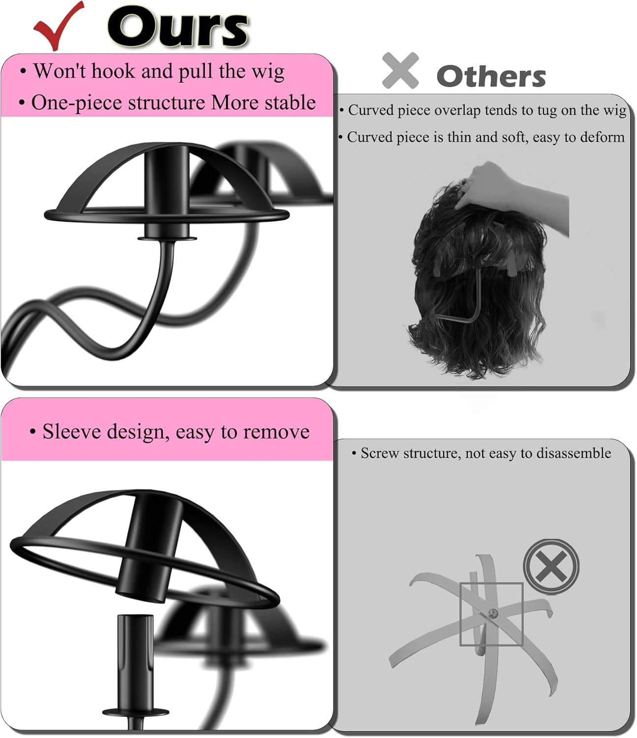 Wig Stands - Multiple Wig Hanger Display Rack, Holder, Storage Organizer for Mannequin Head Metal Rack Stand (Black with 4 Holders)