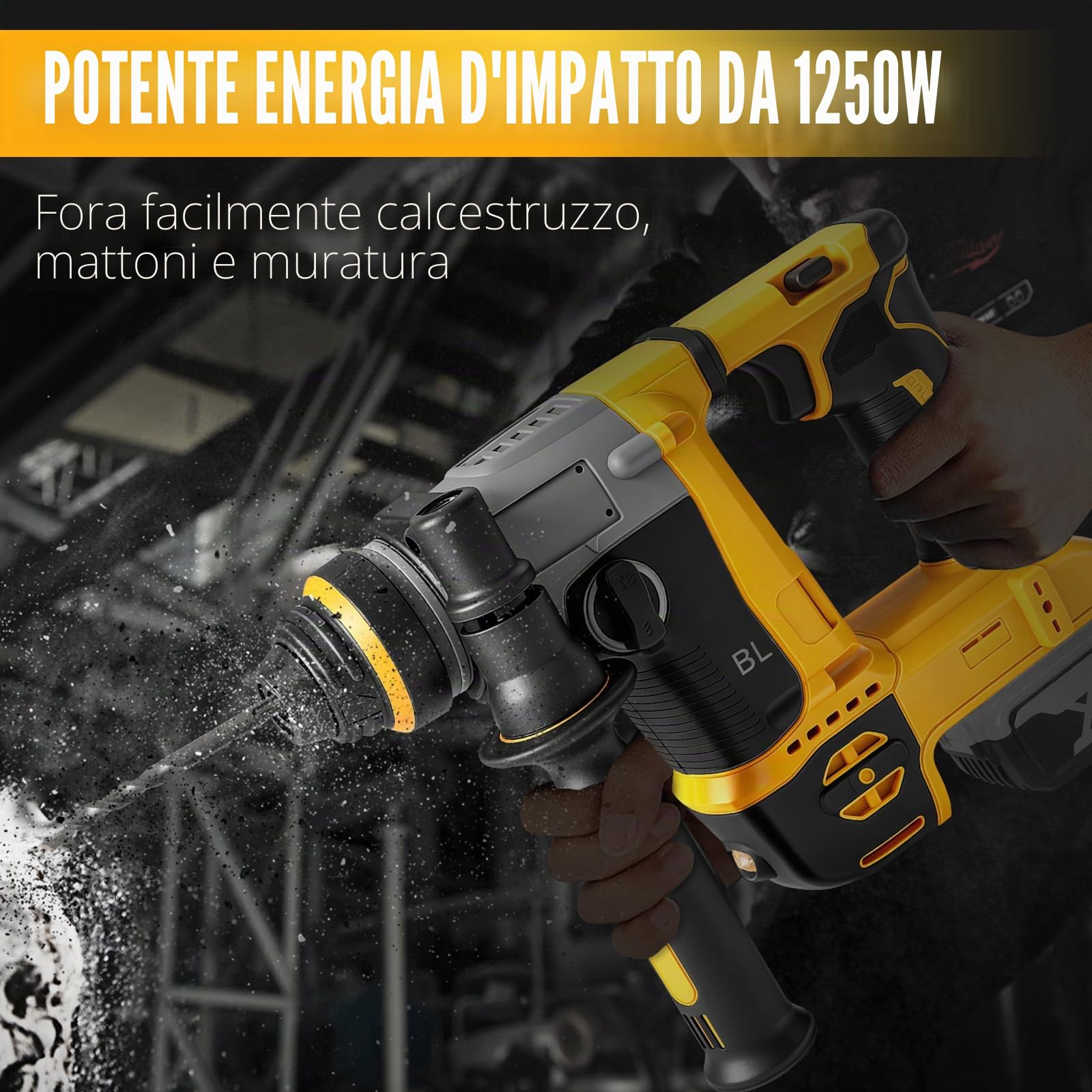Roadtime 1250W Martello Combinato a Batteria e Trapano 2-in-1 Compatibile con DeWalt 20V (senza Batteria), Trapano Brushless 22 mm 3500 giri/min, Martello a Percussione da 3 J, Trapano Avvitatore