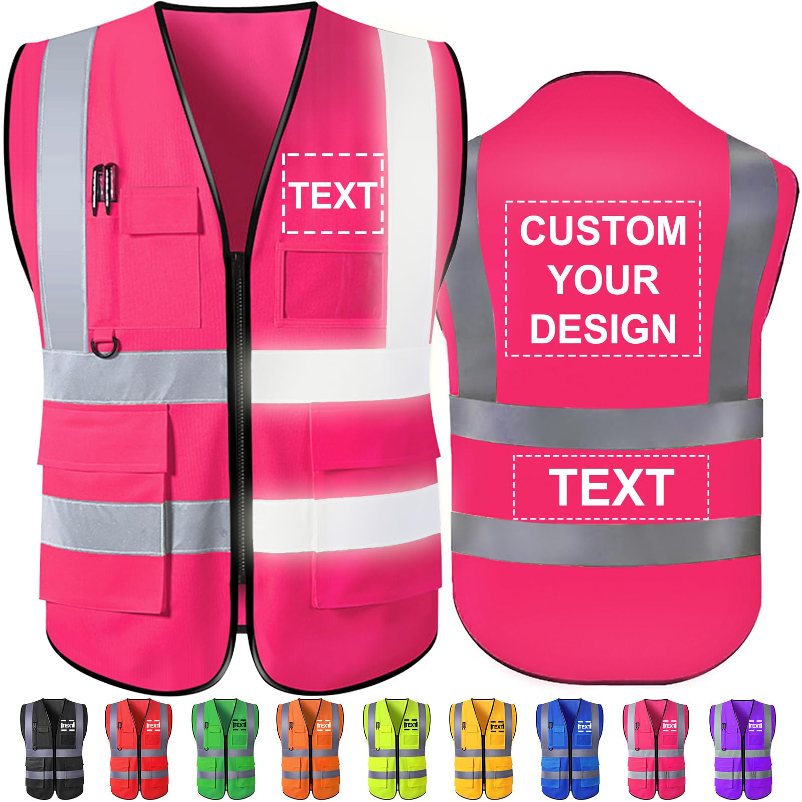 Custom Safety Vest High Visibility Reflective Vests with Pockets Zipper Customize Logo Class 2 for Men Construction Workwear