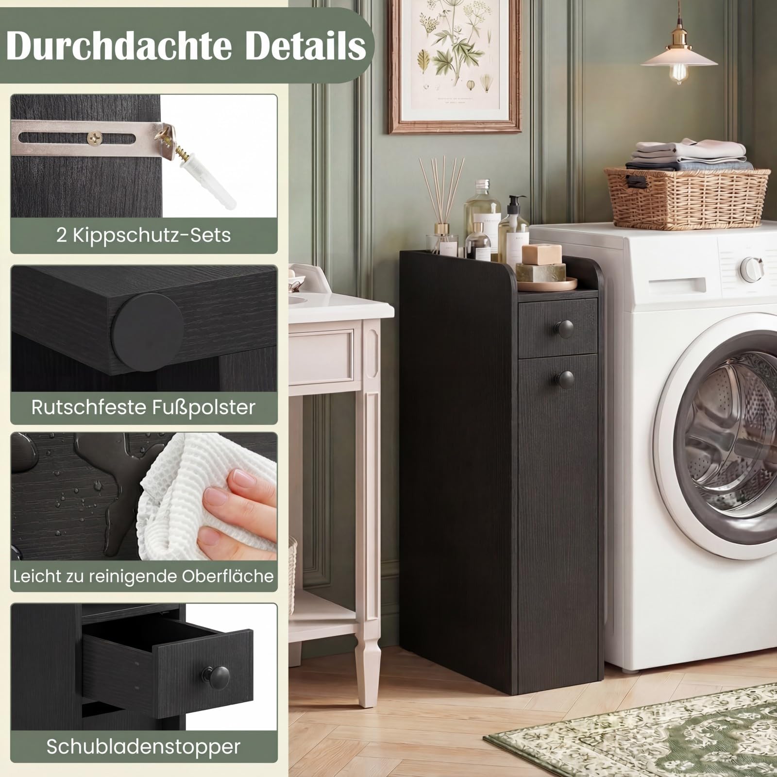GIANTEX Badschrank 40x18x70 cm, schmaler Badezimmerschrank mit Universalrollen, Nischenschrank mit 2 Schubladen, Nischenwagen Rollschrank Holz, Aufbewahrungsschrank für Bad, Küche (Schwarz)