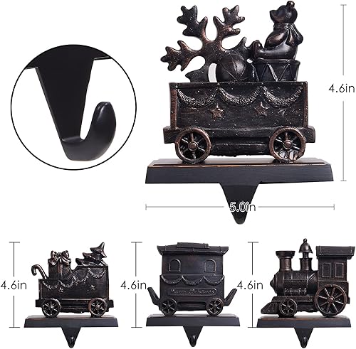Miniatura 3 de WBHome Juego de 4 soportes para calcetines de Navidad, patrones de tren y colgador antideslizante para chimenea, mantel y decoración navideña