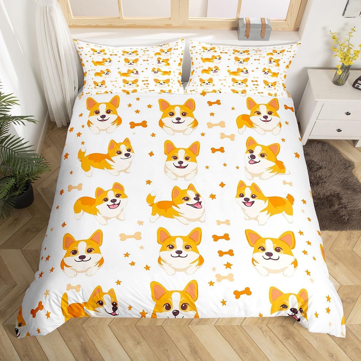 Erosebridal Cartoon Corgi Kids Comforter Cover Twin Size Cute Dogs Bedding Set for Kids Boys Girls Room Decor Doggy Pet Bones Duvet Cover Pet Animals Bed Cover with 1 Pillow Case