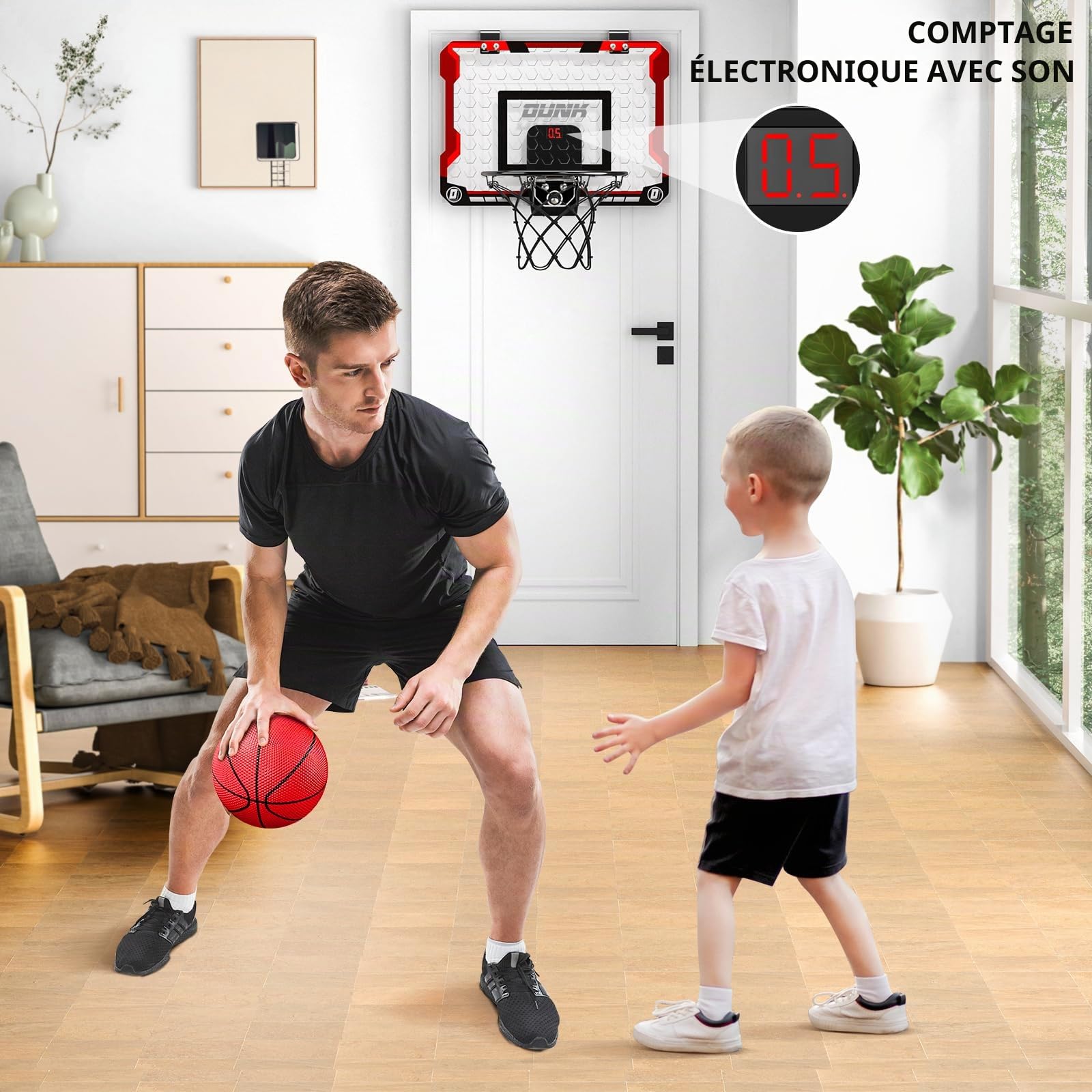 TEMI Panier de basket-ball d'intérieur avec 4 balles, panier de basket-ball pour enfants et adultes, jouets de basket-ball pour garçons et filles, âge 3, 4, 5, 6, 7, 8, 9, 10, 11, 12