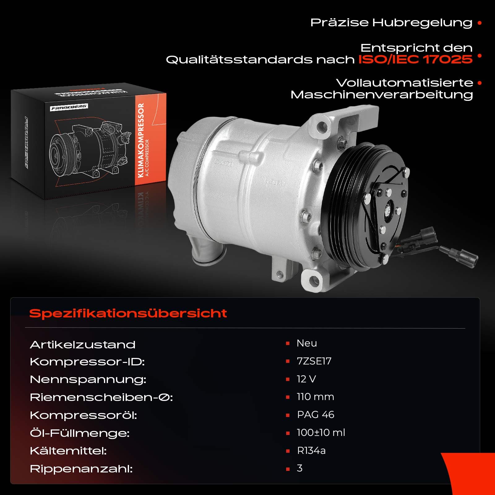 Frankberg Klimaanlagen Kompressor mit Kupplung Kompatibel mit XC60 156 XC60 I Van 156 V70 III 135 V60 I 155 XC70 II 136 XC70 II Van 136 S60 II 134 S80 II 124, inkl. Öl vorbereift