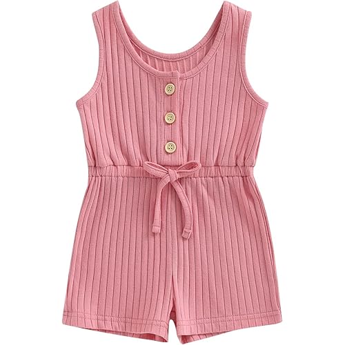 Toddler Baby Girl Summer Outfit Short Sleeve Ribbed Romper Solid Jumpsuit Overall Shorts Cute Infant Newborn Clothes