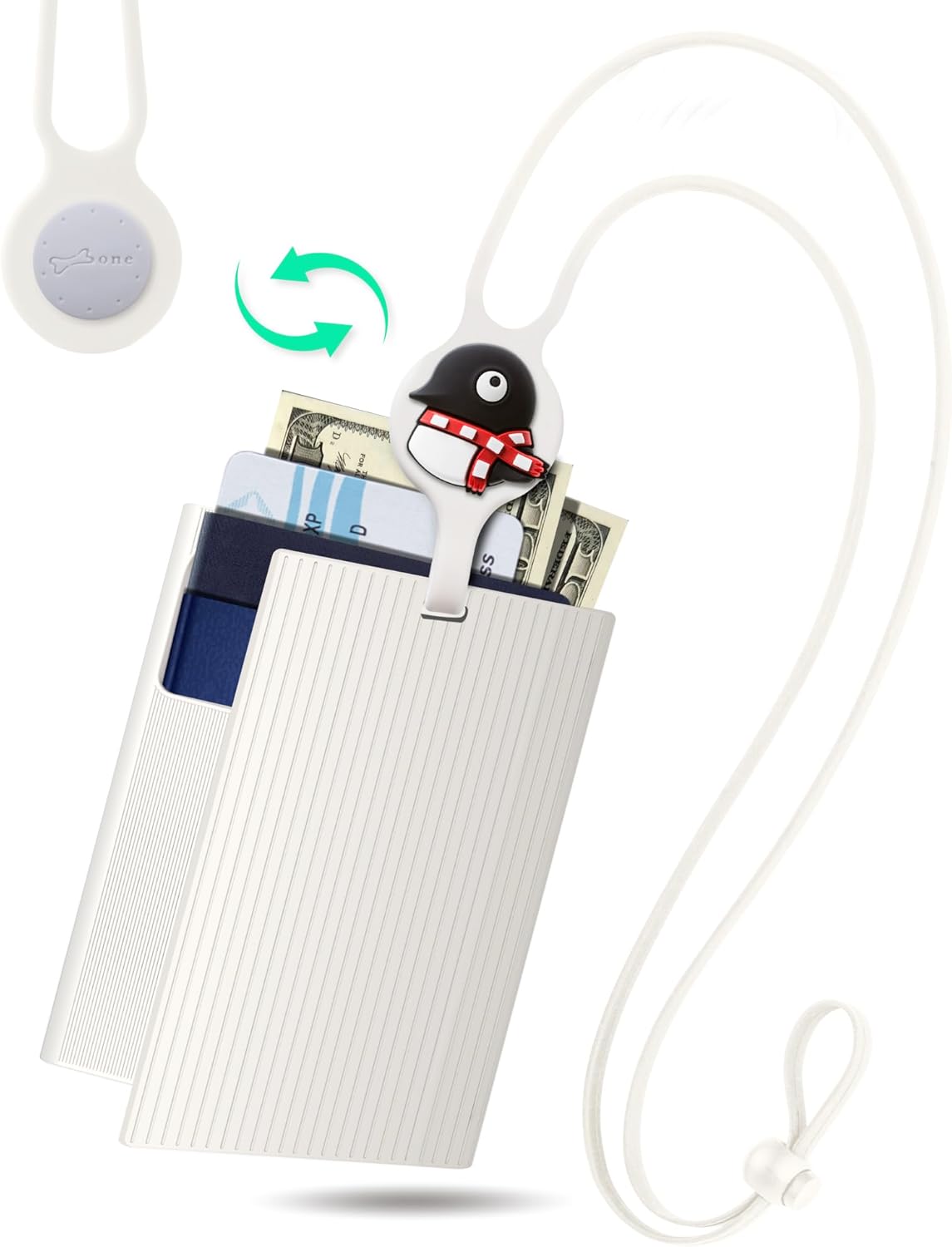 BONE Lanyard Passport Cover-Lite, Cute Penguin Passport Holder with Card Slots & Travel Gadget Set Design, Adjustable Silicon Neck Strap, Passport Wallet for Kids & Adults (White - Maru Penguin)