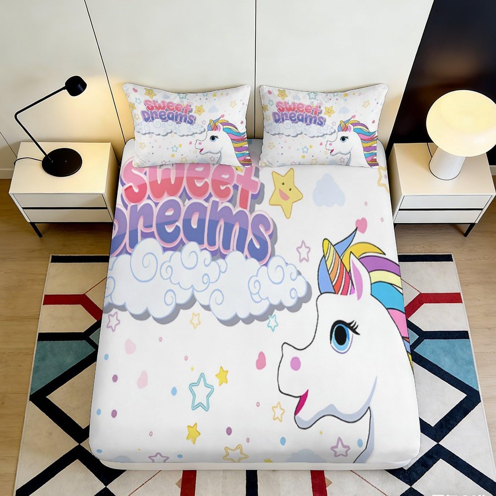 3D Printed Unicorn Rainbow Fitted Sheet Microfiber Soft Anti-Slip Star Cloud Mattress Cover for Bedroom Dorm Easy Care 120x200x25cm